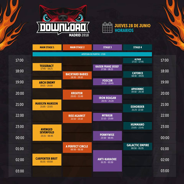 HORARIOS del DOWNLOAD FESTIVAL MADRID 