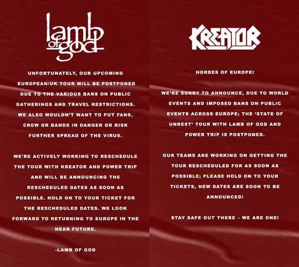 GIRA DE LAMB OF GOD Y KREATOR APLAZADA